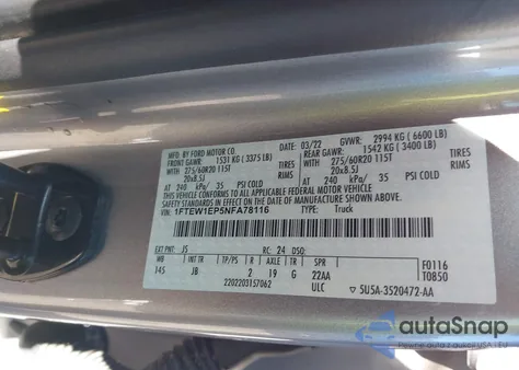 2022 Ford F-150 Xl из США, поврежденный, VIN 1FTEW1EP5NFA78116